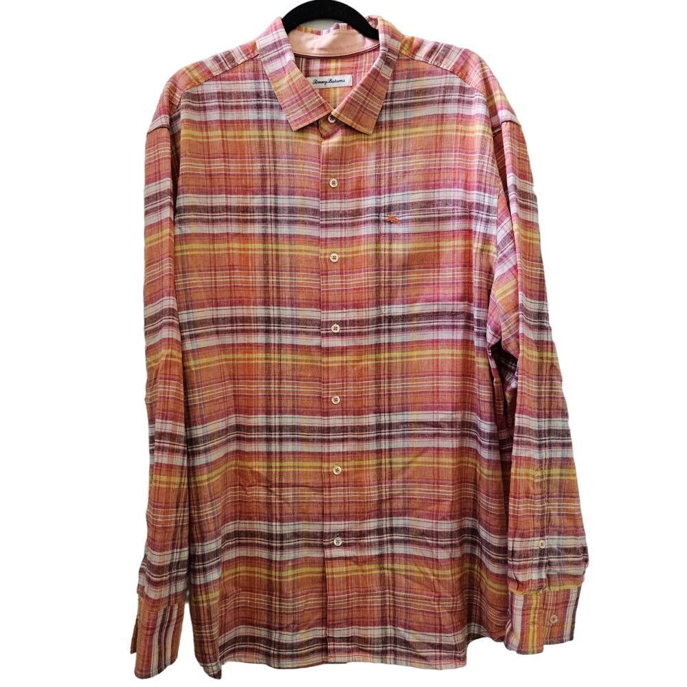 Tommy Bahama Mens IXL Islandzone Orange Madras Plaid Long Sleeve Button Up Shirt